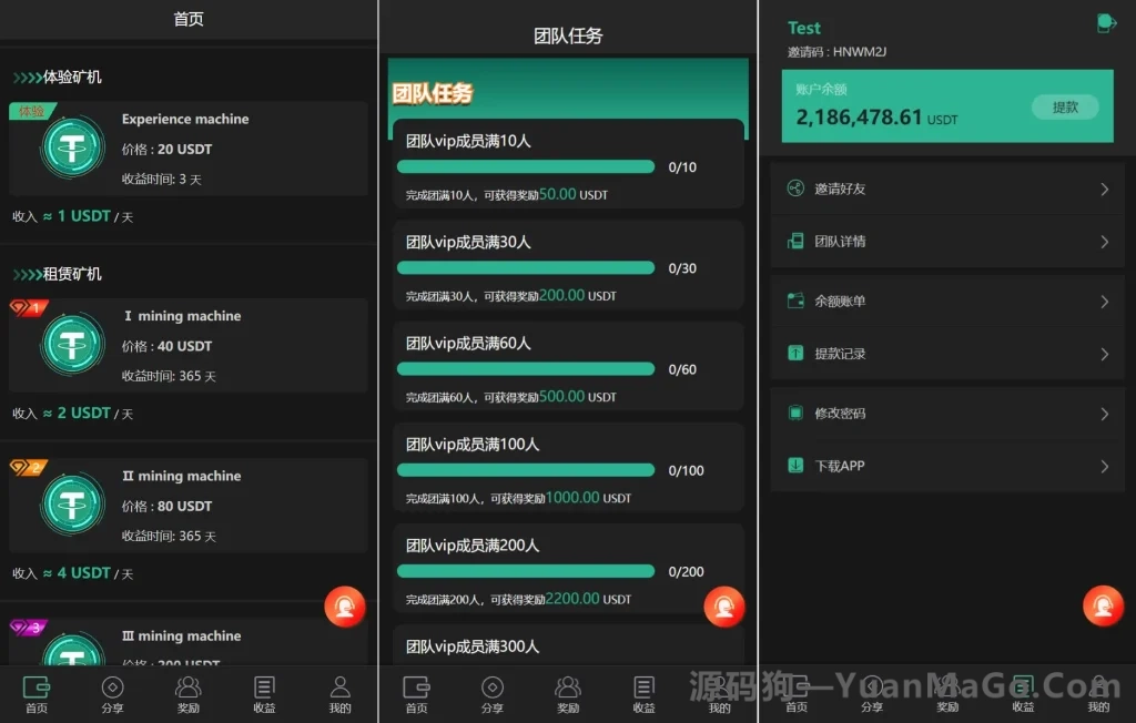 多语言USDT矿机系统源码|矿机投资+USDT质押生息+拉新任务平台-源码狗