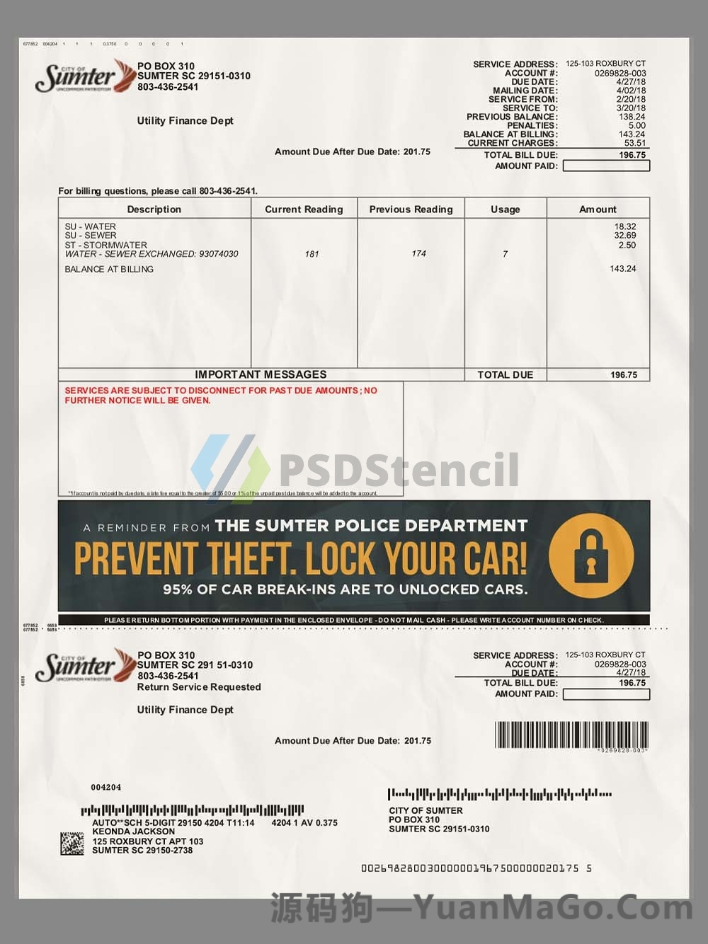 USA South Carolina Sumter Water Bill美国南卡罗莱纳水费账单PS模版/PSD模板-源码狗