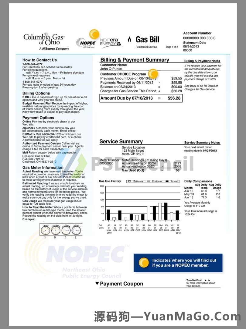 USA Columbia Gas Of Ohio Utility Bill美国俄亥俄州水电费账单word模版/pdf模板-源码狗