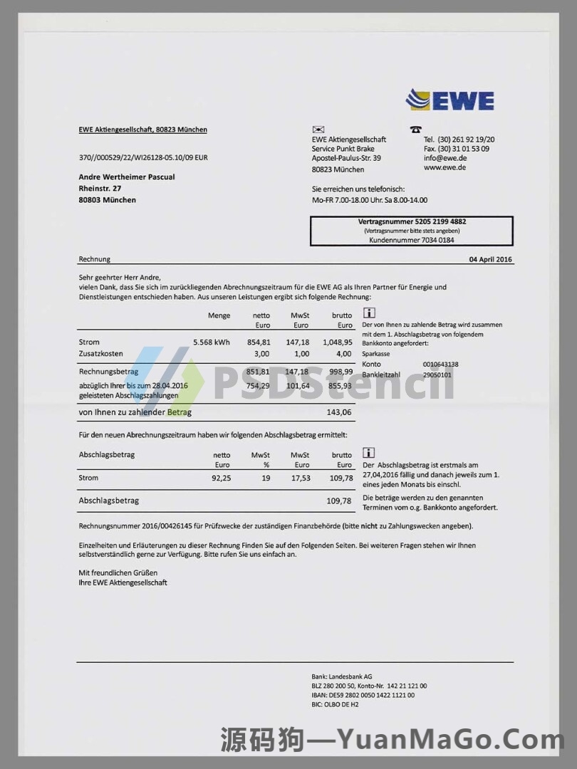 欧盟|Germany EWE Energy Utility Bills德国水电费账单PSD模版/PS模板-源码狗