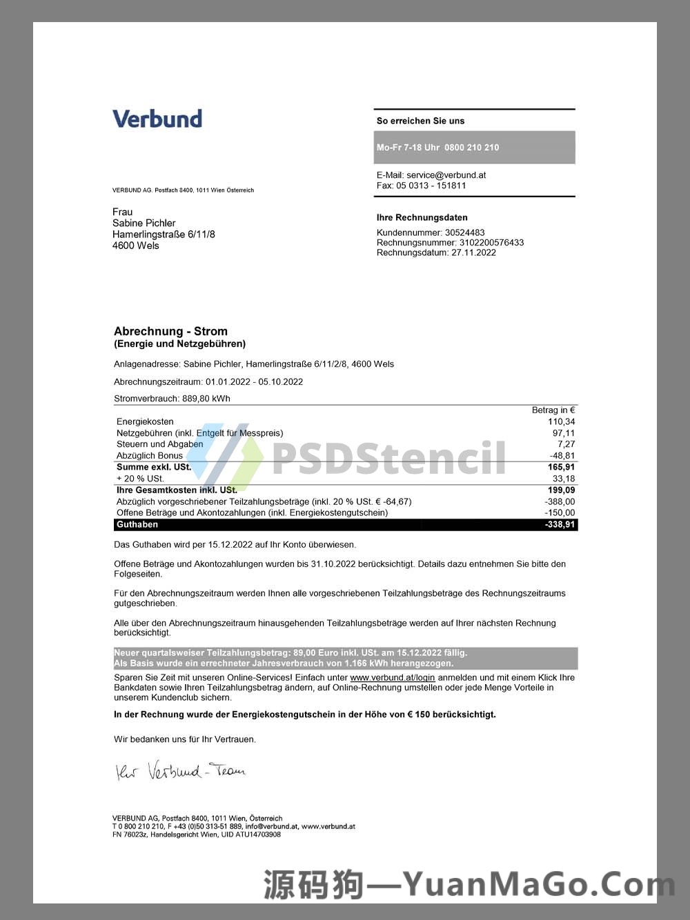 Austria Verbund Energy Utility Bill奥地利水电费账单pdf模板-源码狗
