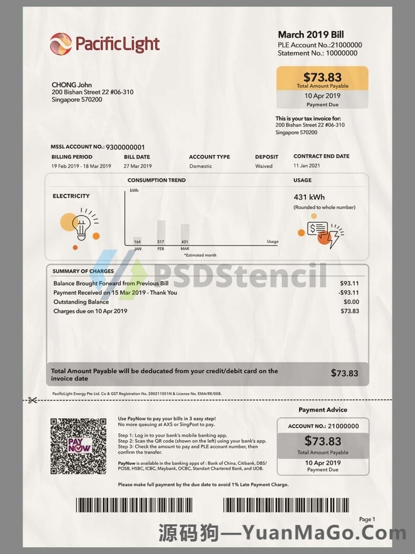 东南亚|Singapore Pacific Light Invoice新加坡宽带模版/话费账单PS模版/PSD模板-源码狗
