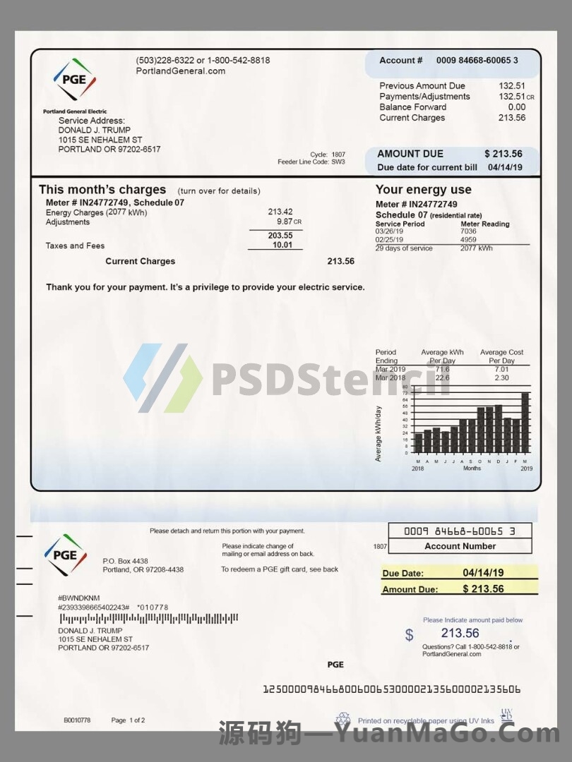 USA Oregon PGE Electricity Utility Bills美国俄勒冈州水电费账单PS模版/PSD模板-源码狗
