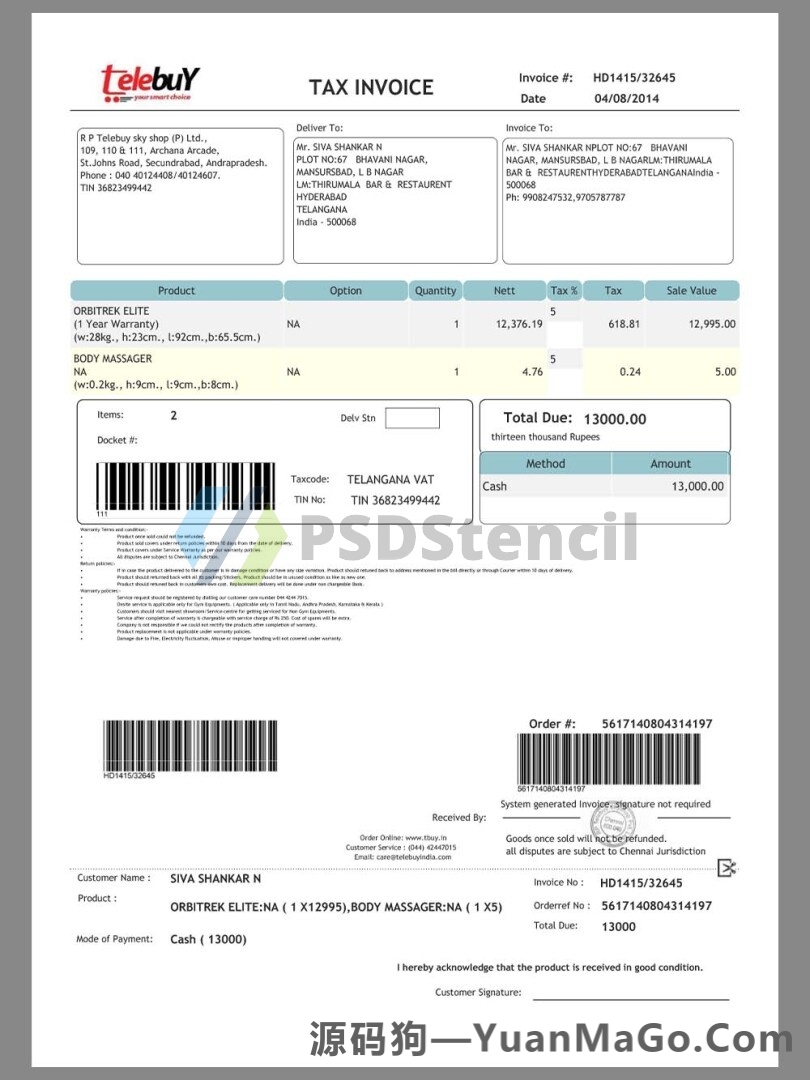 Telebuy Shopping Tax Invoice购物账单模版/KYC地址证明pdf模板-源码狗