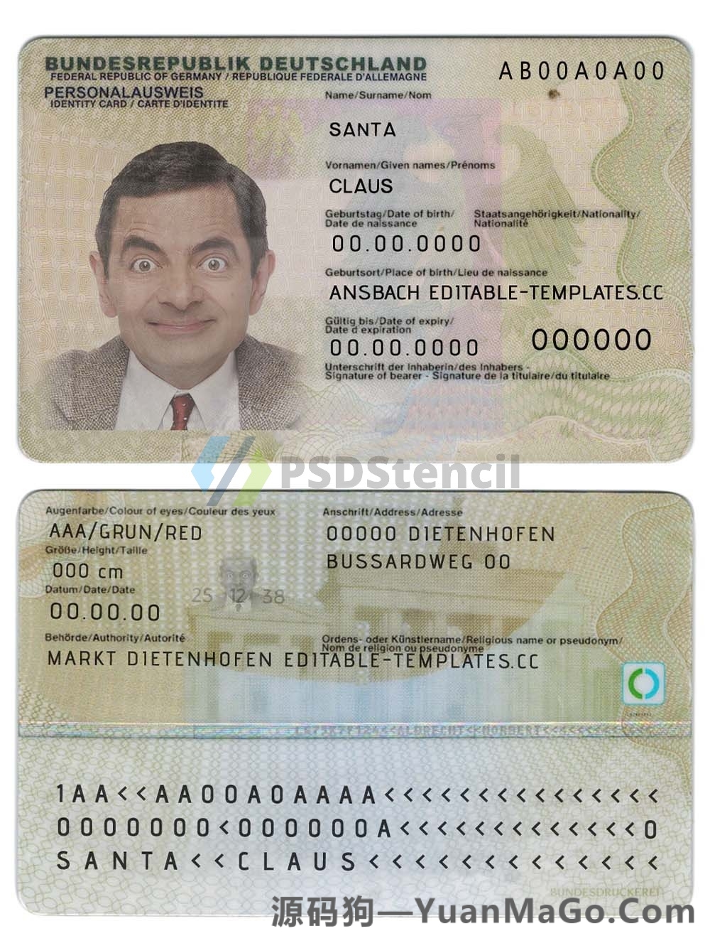 欧盟|Germany ID Card Template德国身份证卡模版PS/PSD模板（V4版）-源码狗