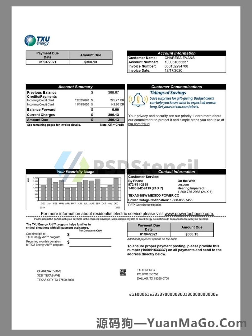 USA Texas TXU Energy Utility Bills美国德克萨斯州水电费账单word模版/pdf模板-源码狗