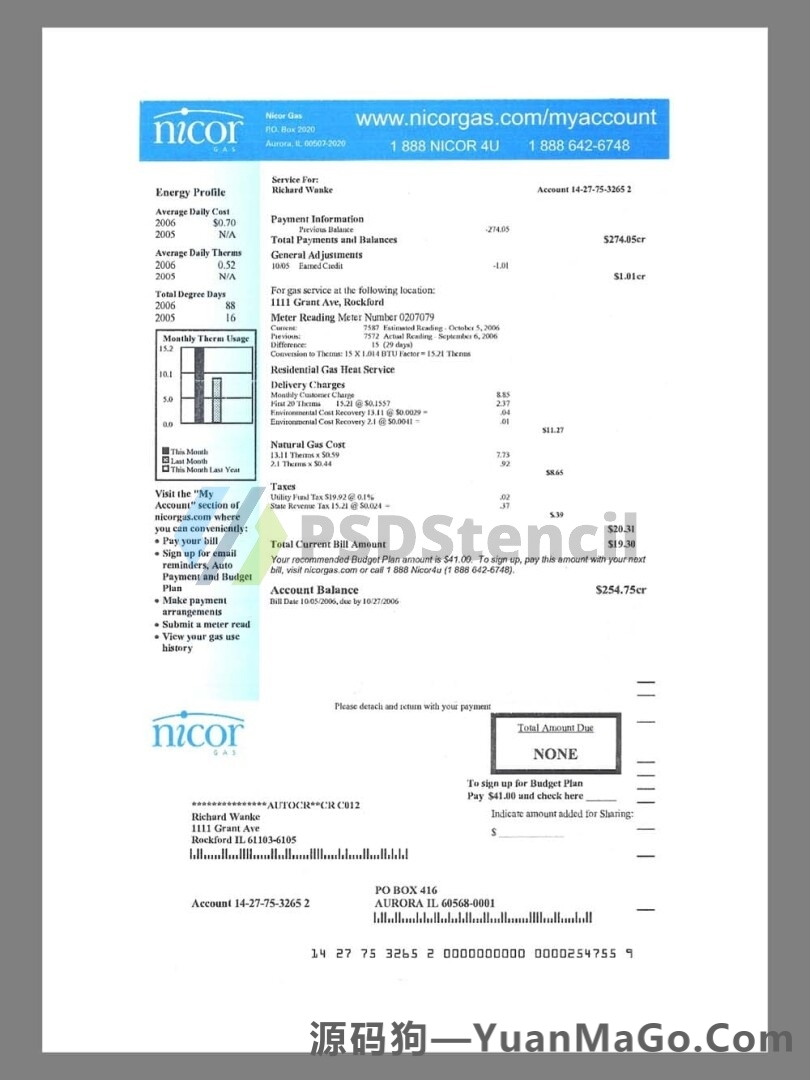 美国USA Illinois Nicor Gas Utility Bills水电费账单模版/KYC地址证明pdf模板-源码狗