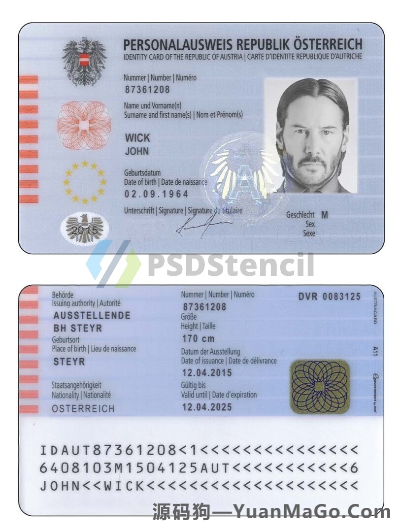 欧盟| Austria ID Card Template奥地利身份证卡PS模版/PSD模板(V2)-源码狗