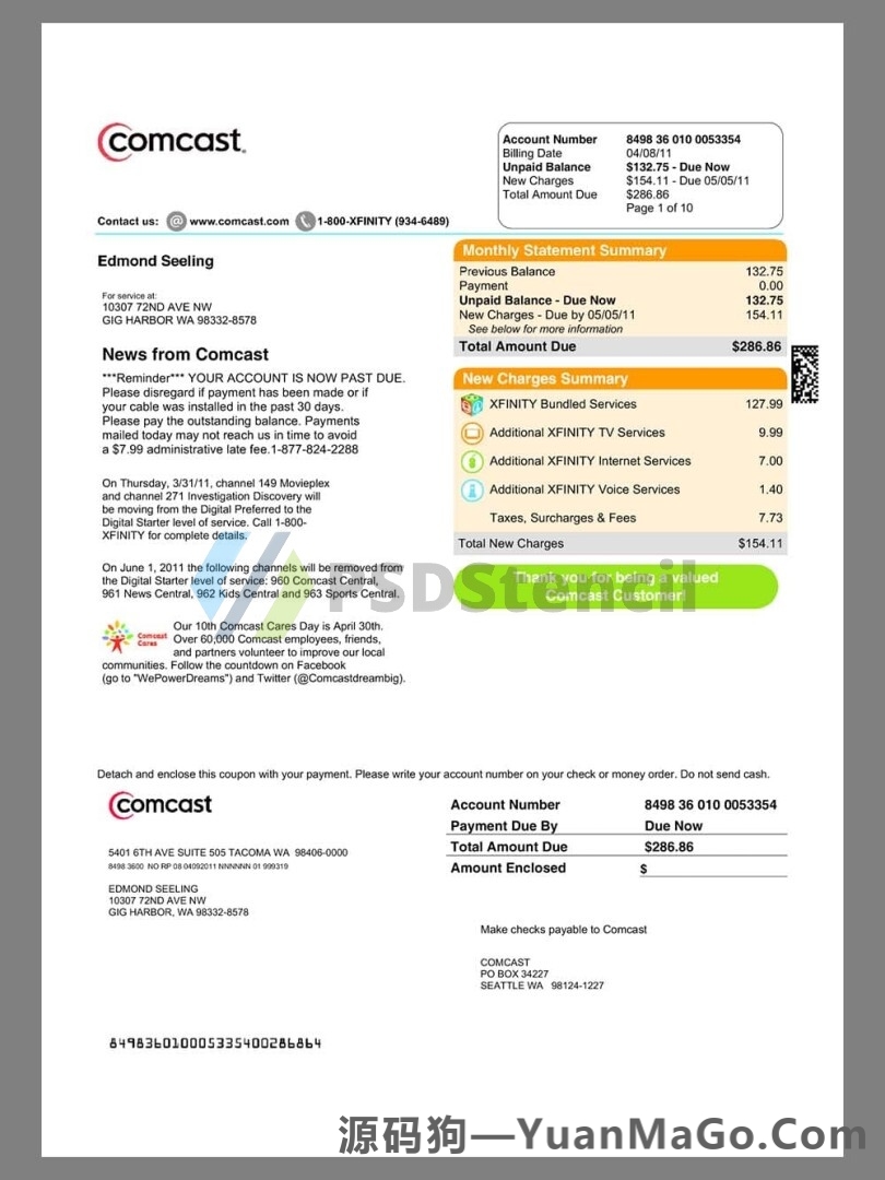 美国USA Comcast Payment Bills KYC地址证明psd模板-源码狗