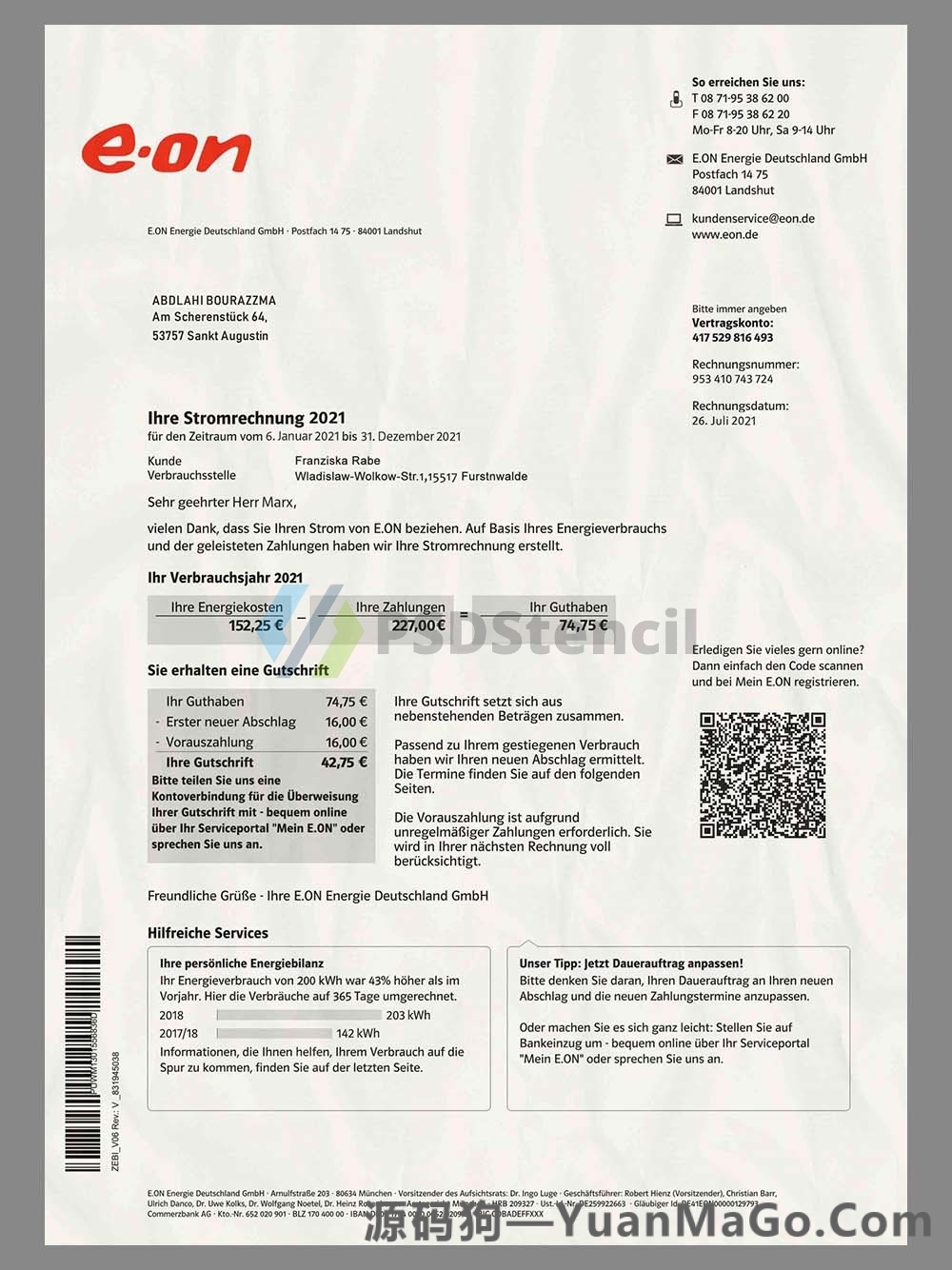 欧盟|Germany E.ON Electricity Bills德国水电费账单PS模版/PSD模板（V2）-源码狗