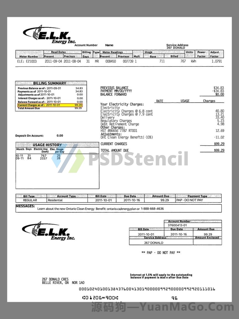 北美|加拿大Canada ELK Energy Utility Bills水电费账单模版/KYC地址证明psd模板-源码狗