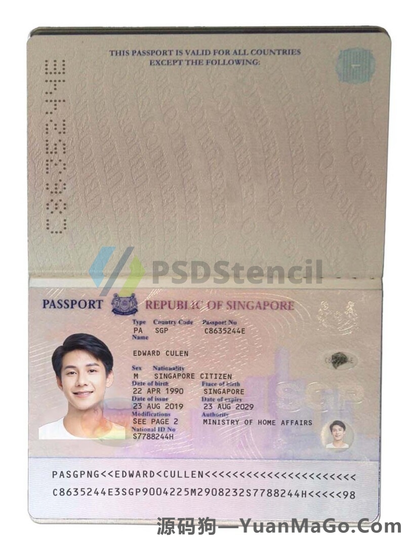 东南亚|Singapore Passport新加坡护照PSD模版/PS模版/Photoshop模板-源码狗