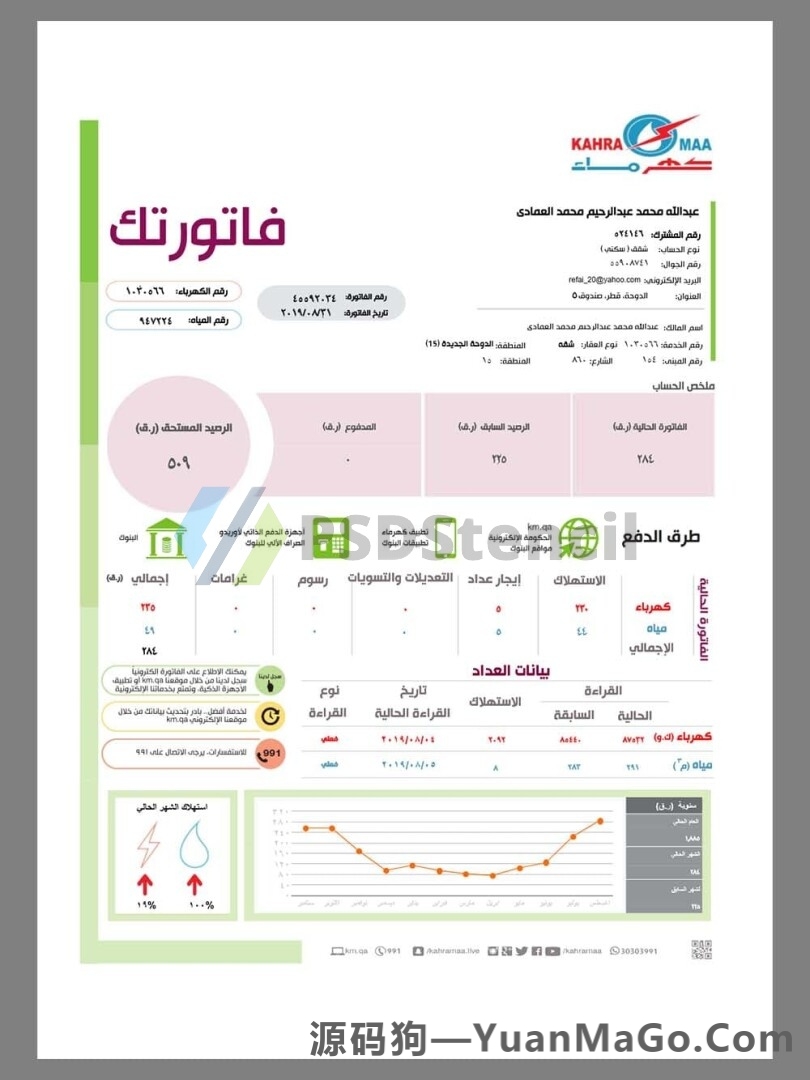 中东|卡塔尔Qatar Power Company Utility Bills水电费账单模版/KYC地址证明pdf模板 V1-源码狗