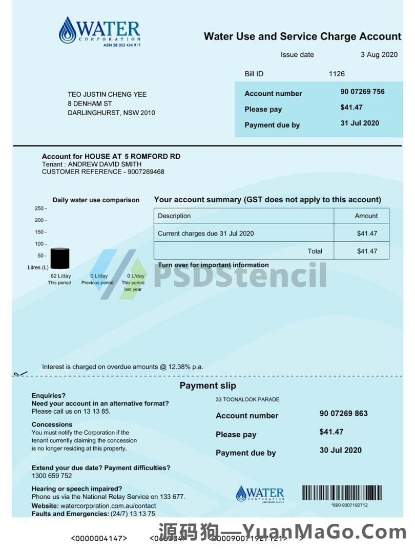 澳洲|Australia Water Corporation Utility Bills澳大利亚水电费账单word模版/pdf模板-源码狗