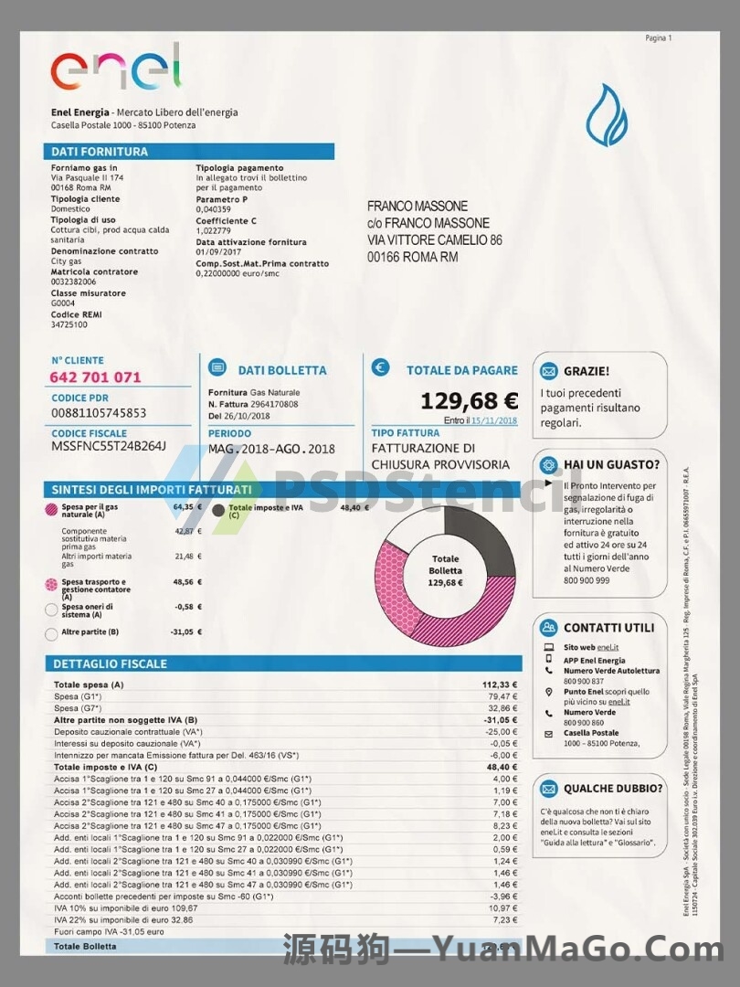 欧盟|Italy Enel Utility Bills意大利电力公司水电费账单PSD模版/PS模板-源码狗