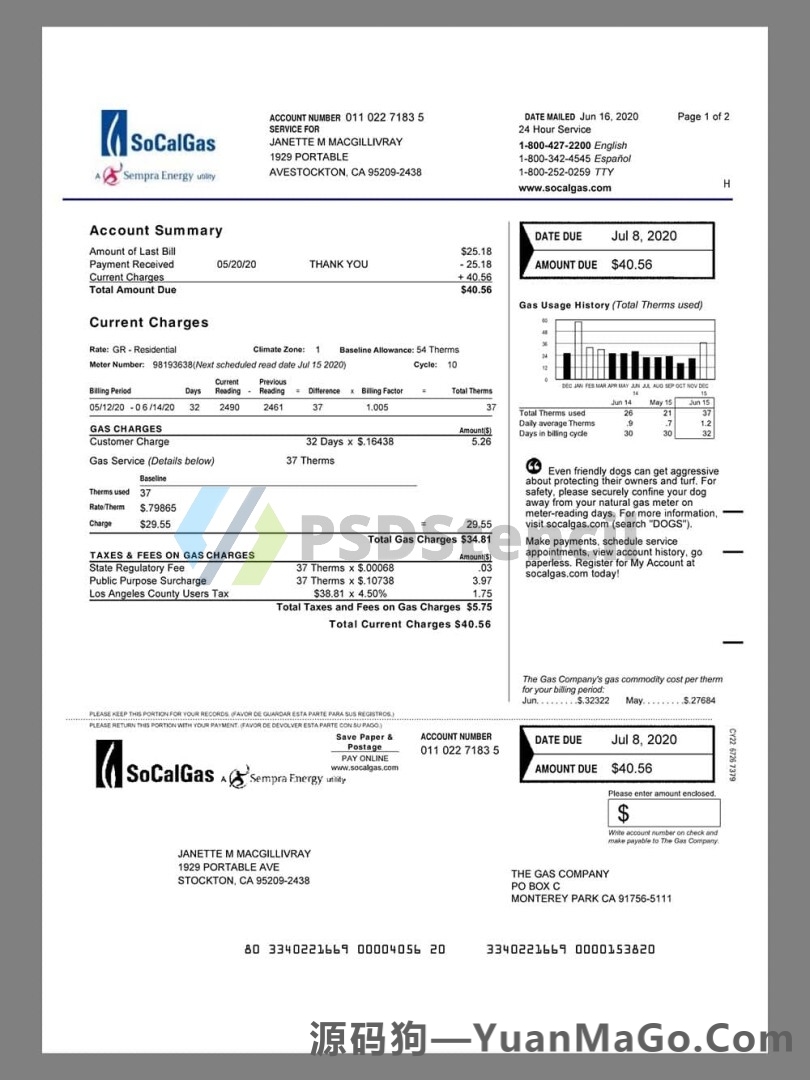 美国USA California SoCalGas Utility Bills水电费账单模版/KYC地址证明pdf模板-源码狗