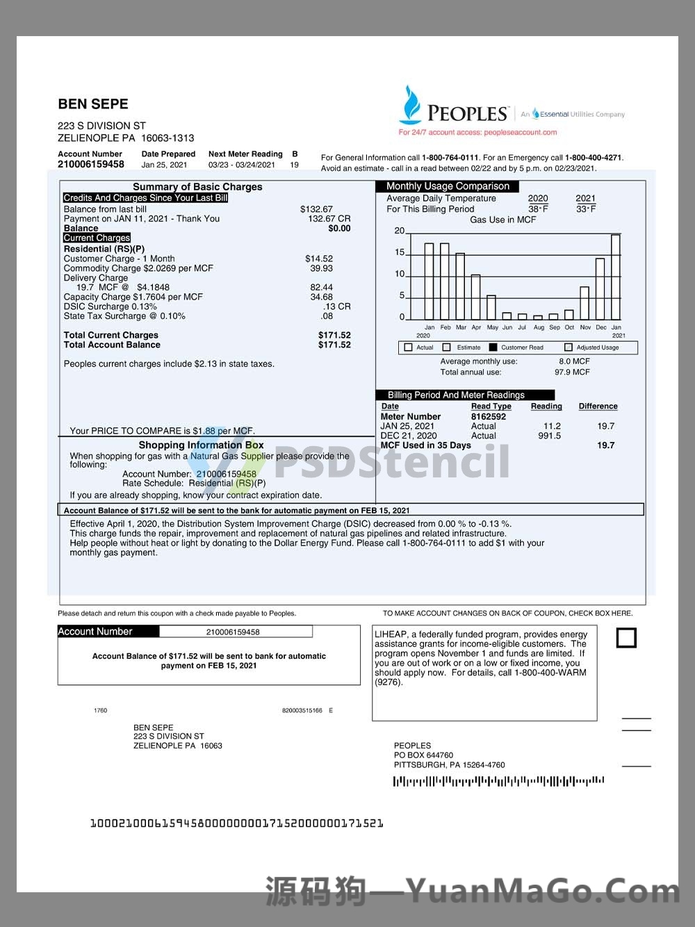USA Pennsylvania Peoples Gas Utility Bill美国宾夕法尼亚水电费账单pdf&word模板-源码狗
