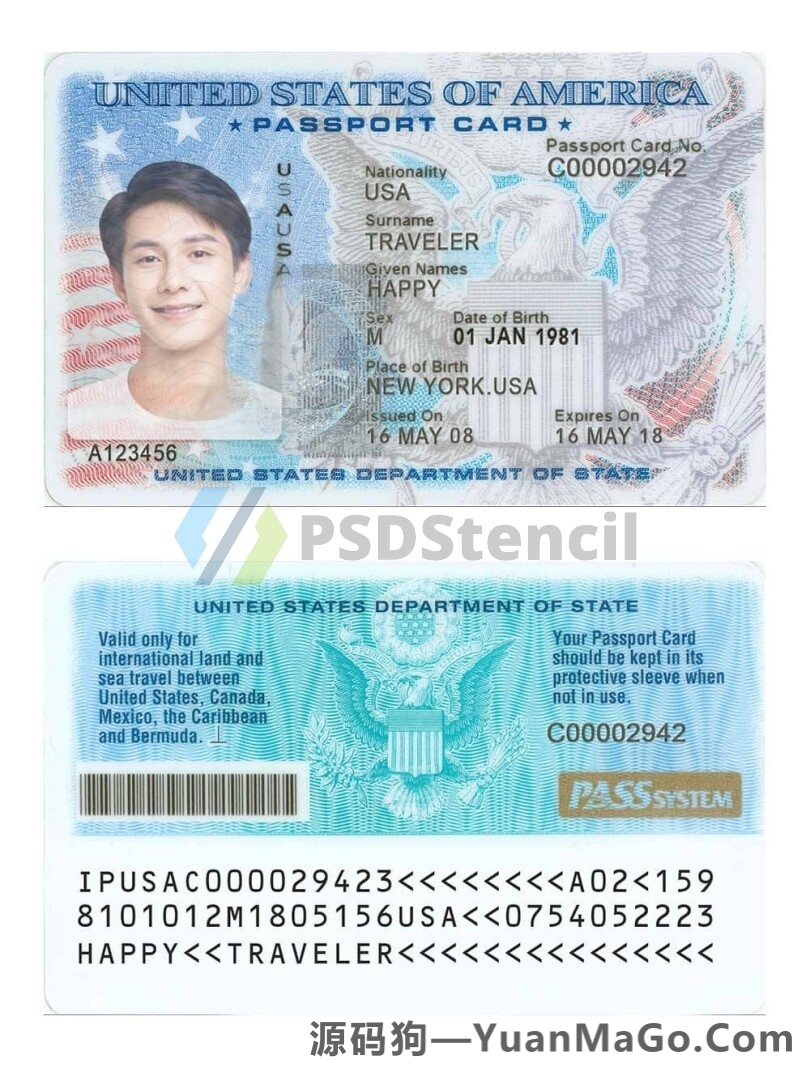 北美|USA Passport Card美国护照卡PSD模版/Photoshop模版/PS模板 V2-源码狗