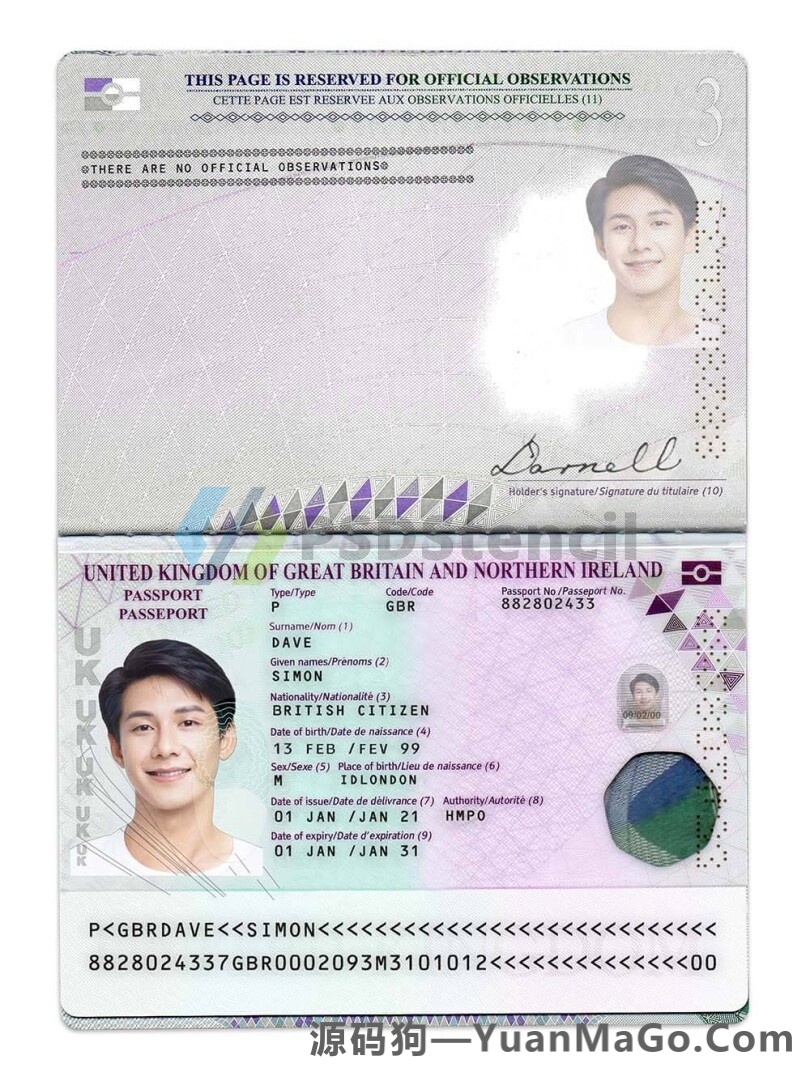 欧洲|UK Passport英国最新版Passport护照PSD模板/Photoshop模版/PS模版-源码狗