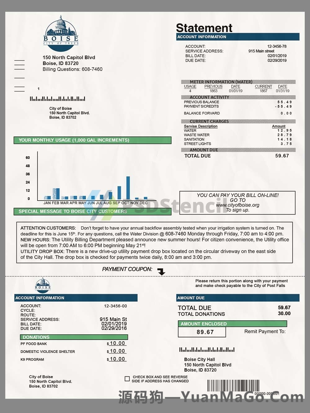 USA Idaho Boise Water Bills美国爱达荷水电费账单模版/KYC地址证明PS模版/PSD模板-源码狗