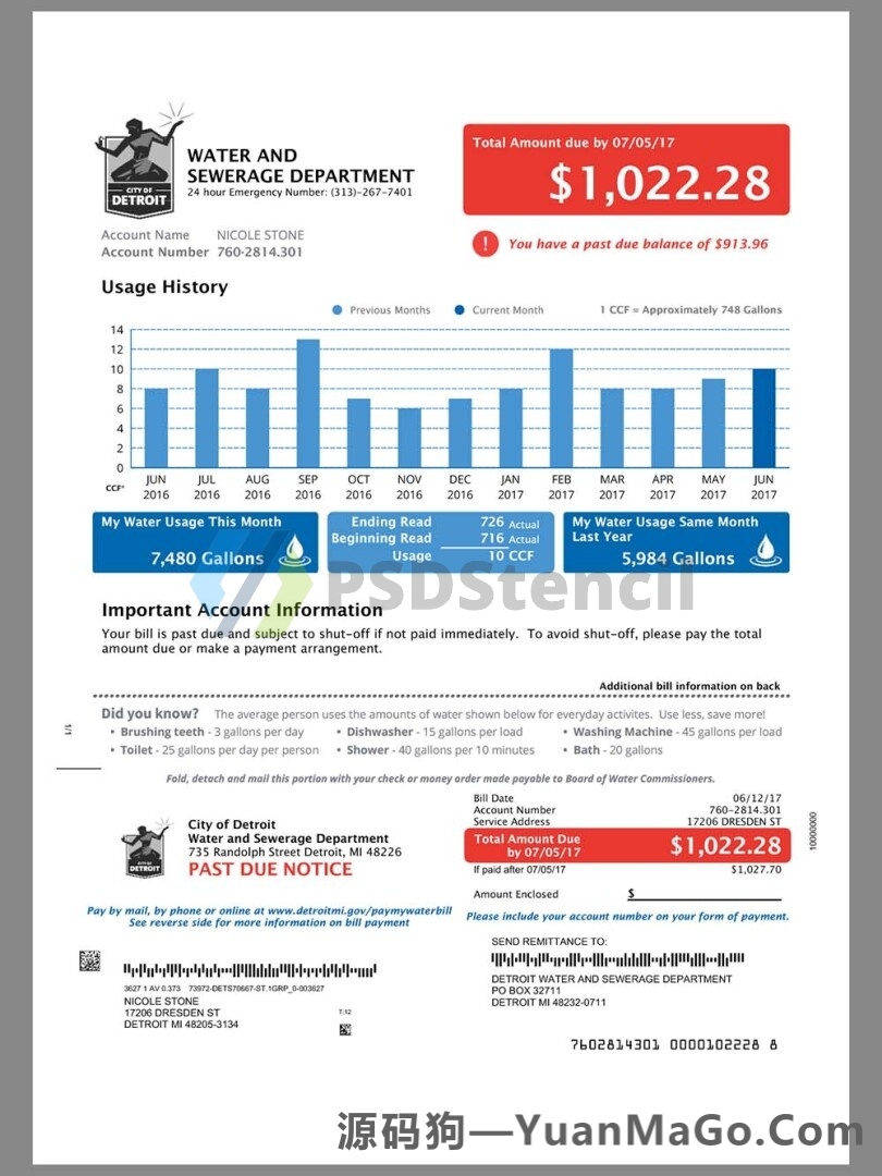 USA Michigan Detroit DWSD Utility Bills美国密歇根州底特律水电费账单pdf模板-源码狗