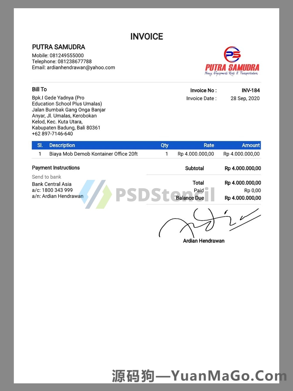 东南亚|Indonesia Putra Samudra Buy Invoice印尼购物账单pdf模板-源码狗