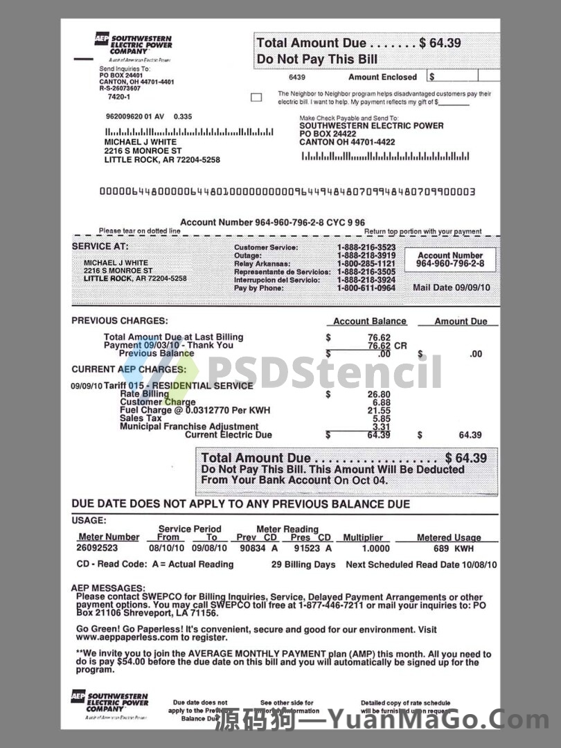 美国USA Arkansas Southwestern Electric Power Utility Bills水电费账单模版/KYC地址证明psd模板-源码狗