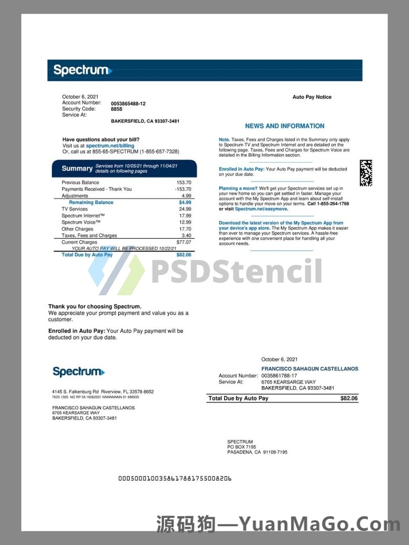 USA/America Spectrum Bills美国话费模版/宽带费模版/水电费账单word模版/pdf模板-源码狗