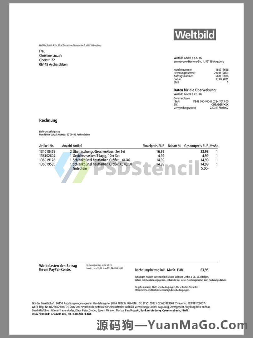 欧盟|Germany Weltbild Buy Invoice德国模版/奥地利购物账单模版/KYC地址证明pdf模板-源码狗