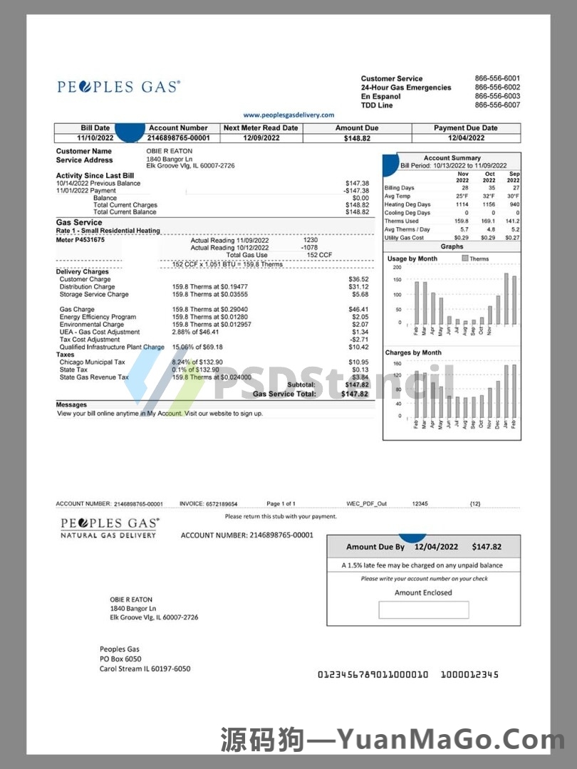 北美|USA Illinois Peoples Gas Utility Bills美国伊利诺伊州水电费账单word模版/pdf模板-源码狗