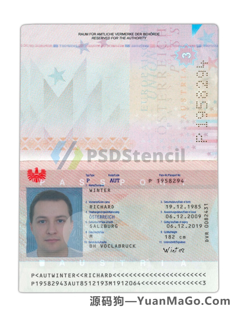 欧盟|Austria Passport奥地利护照PSD模版/Photoshop模版/PS模板-源码狗