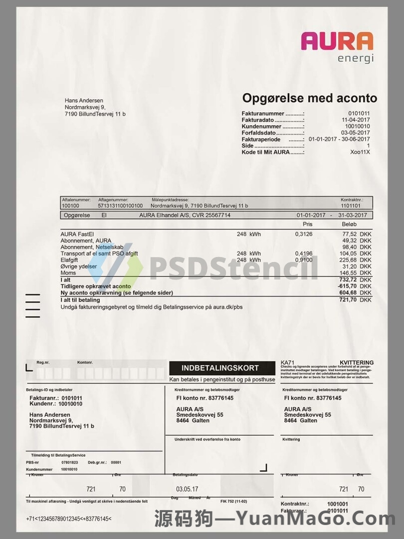 欧盟|Denmark AURA Energy Utility Bills丹麦水电费账单模版/KYC地址证明PSD模版/PS模板-源码狗
