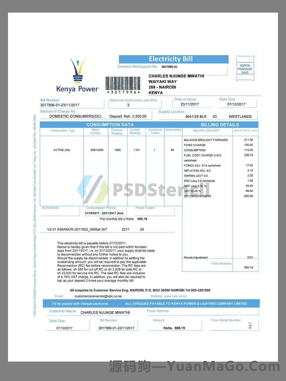 非洲| Kenya Power Electricity Utility Bill肯尼亚水电费账单pdf模板-源码狗