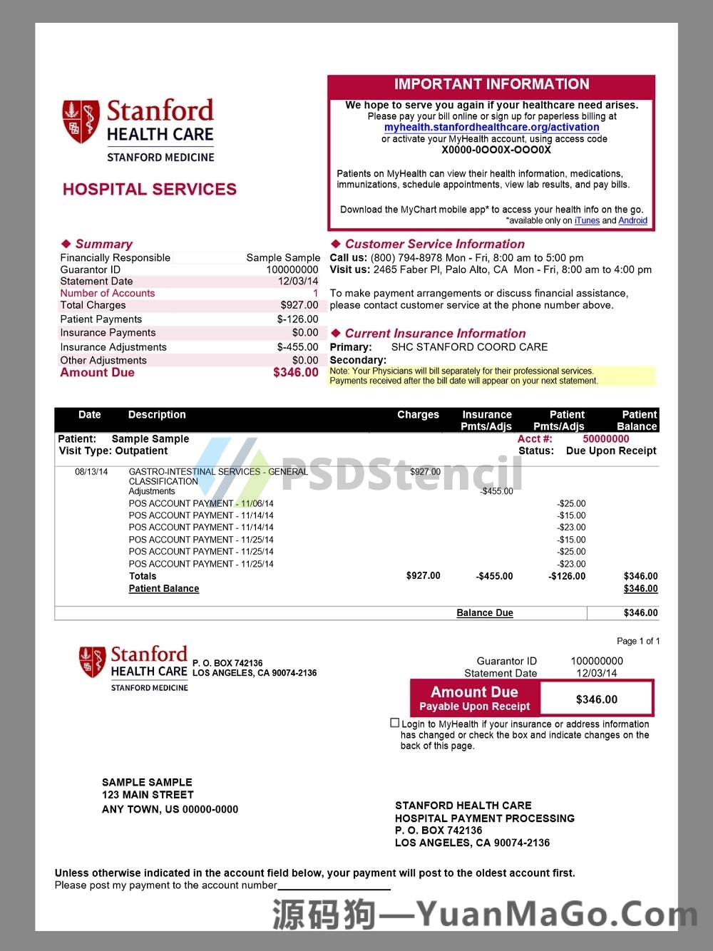 USA California Stanford Hospital Service Billing美国加州斯坦福医院账单word模版-源码狗