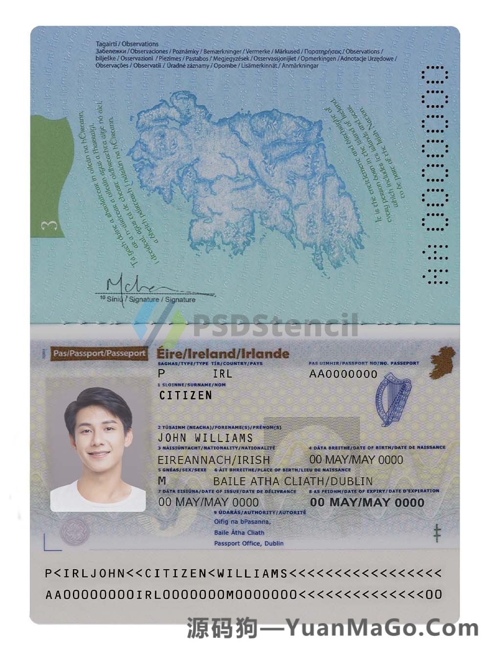 欧盟| Ireland Passport爱尔兰新版护照PS模版/PSD模板（V2高清版）-源码狗