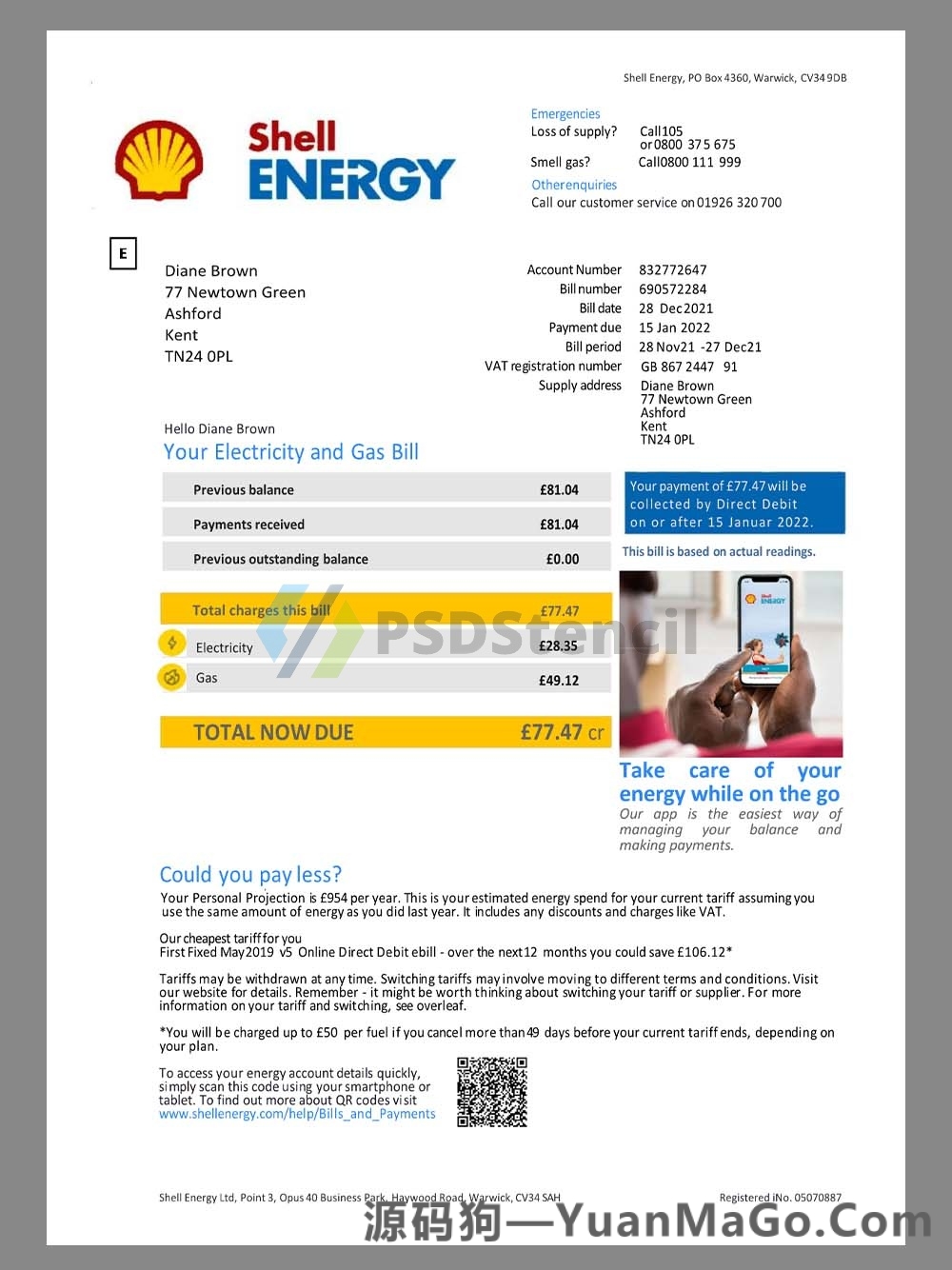 欧洲|UK Shell Energy Utility Bills英国壳牌石油能源账单pdf模板-源码狗