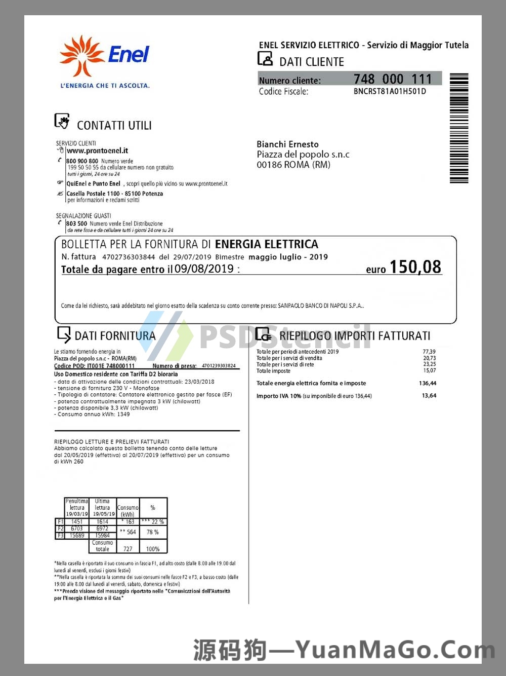 欧盟|Italy Enel Energia Utility Bills意大利水电费账单PS模版/PSD模板（V2）-源码狗