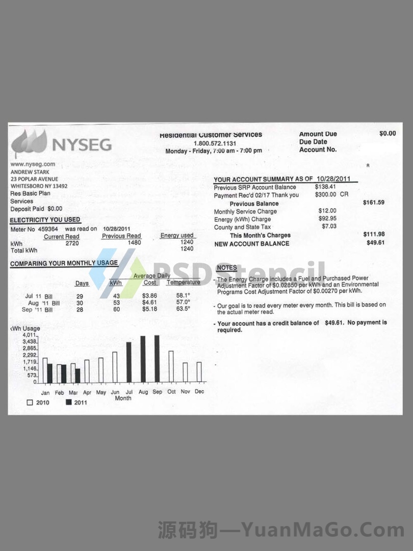 美国USA New York NYSEG Utility Bills水电费账单模版/KYC地址证明psd模板-源码狗