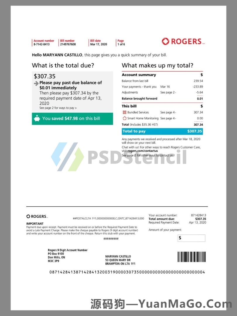 北美|Canada Rogers Telecom Utility Bills加拿大话费水电费账单word模版/pdf模板-源码狗