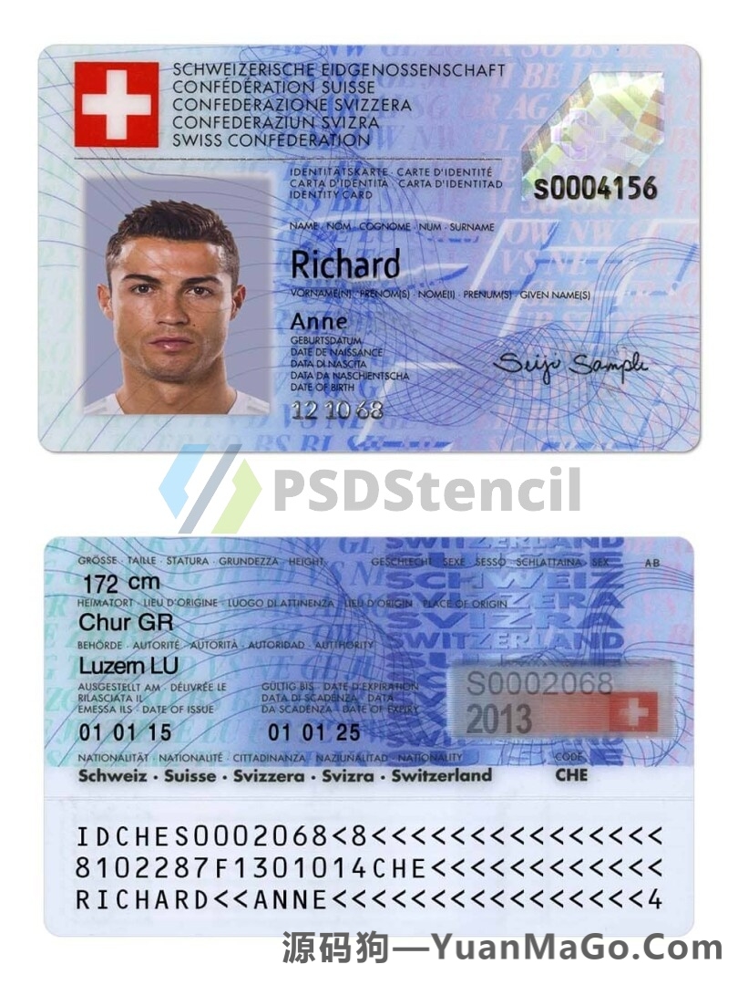 欧盟|Switzerland瑞士ID卡身份验证卡PSD/Photoshop/PS模板-源码狗