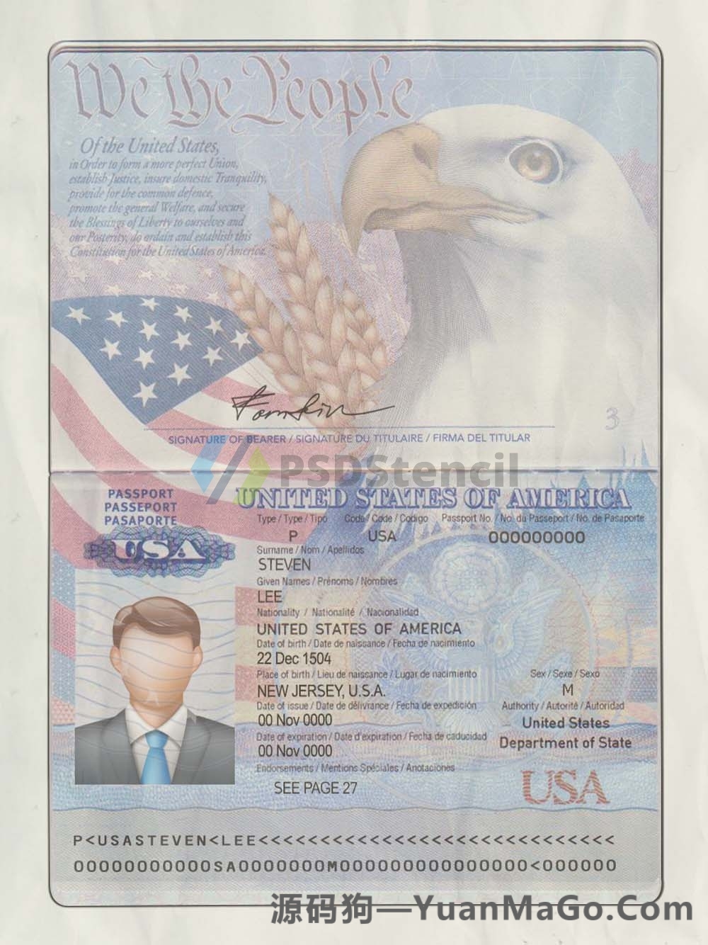America|USA Passport Template美国护照PS模版/PSD模板（V1-1版）-源码狗