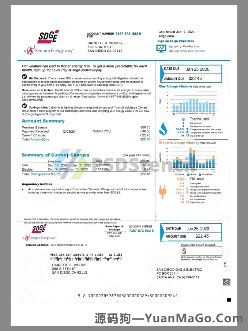 USA SDGE(Sempra Energy) Utility Bills美国水电费账单word模版/pdf模板-源码狗
