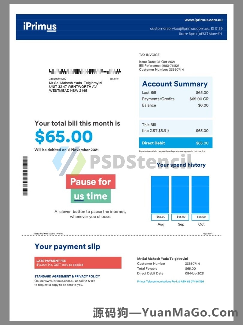 澳洲|Australia Iprimus澳大利亚话费账单模版/水电费账单word模版/pdf模板-源码狗