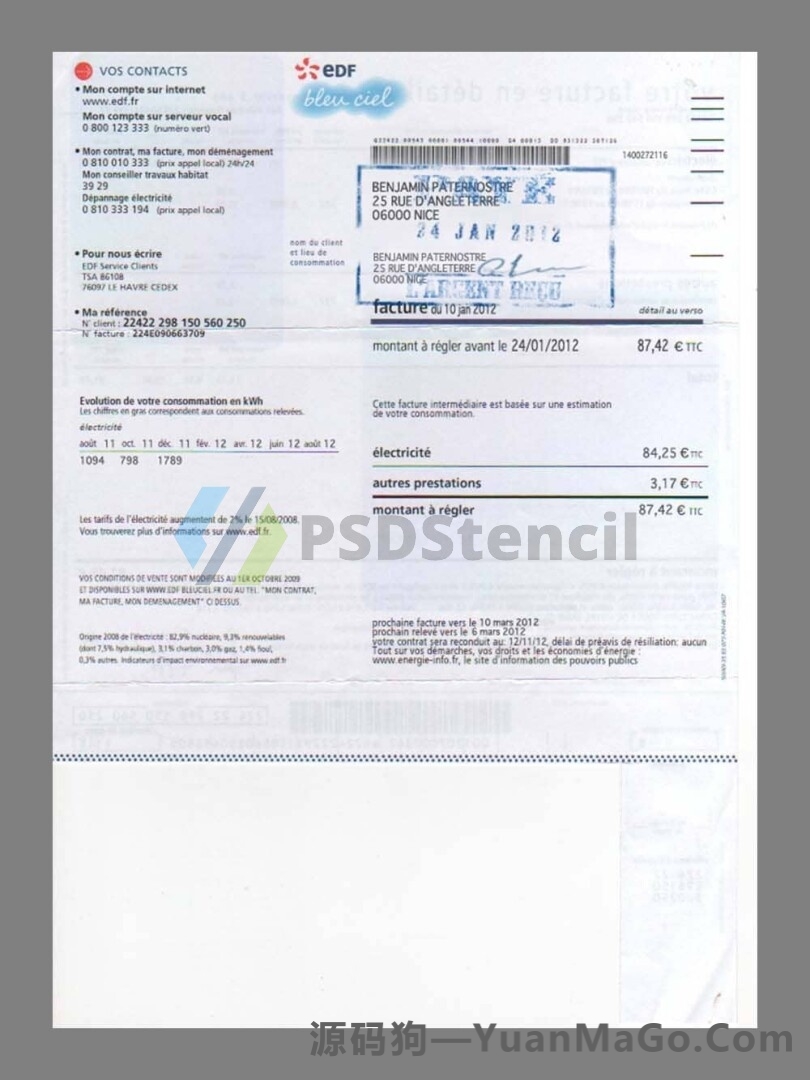 欧盟|法国France EDF Utility Bills水电费账单模版/KYC地址证明psd模板-源码狗
