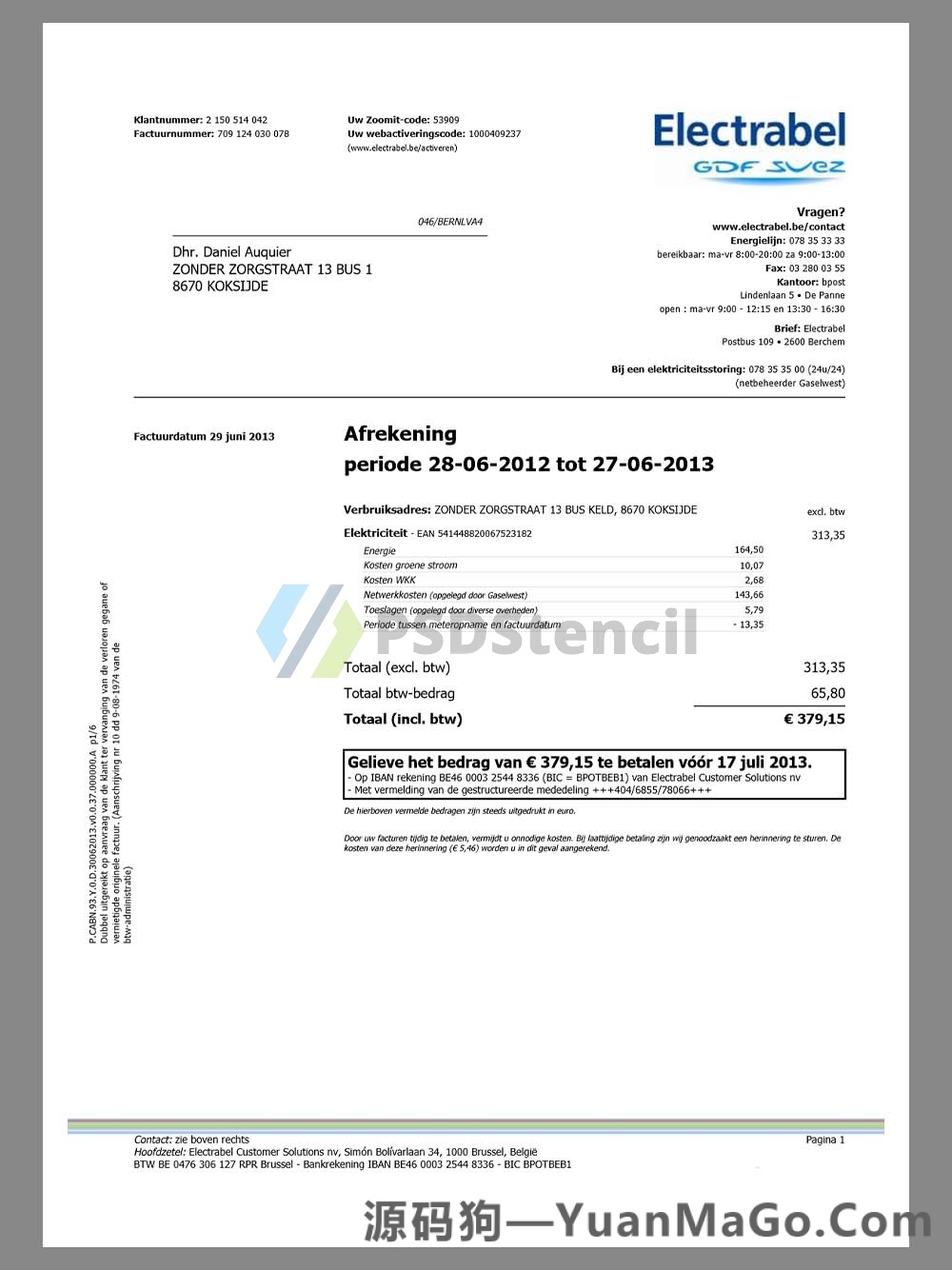 欧盟|Belgium Electrable Utility Bills比利时水电费账单模版/KYC地址证明pdf模板-源码狗