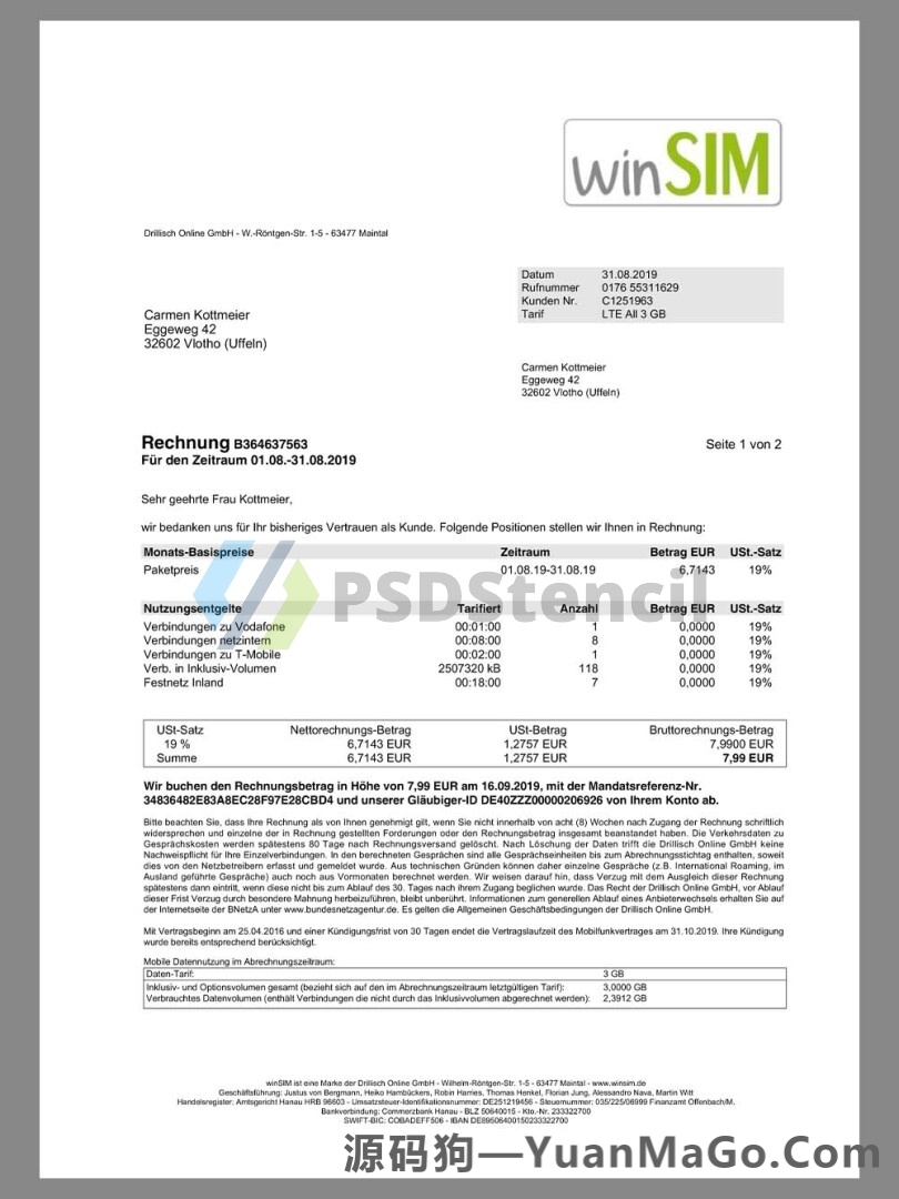 欧盟|Germany WinSIM Mobile Invoice德国话费账单模版/KYC地址证明pdf模板-源码狗