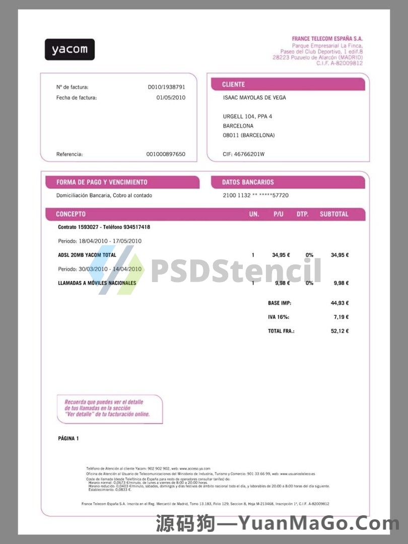 欧盟|Spain Orange España Telecom Utility Bills西班牙话费账单模版/地址证明pdf模板-源码狗
