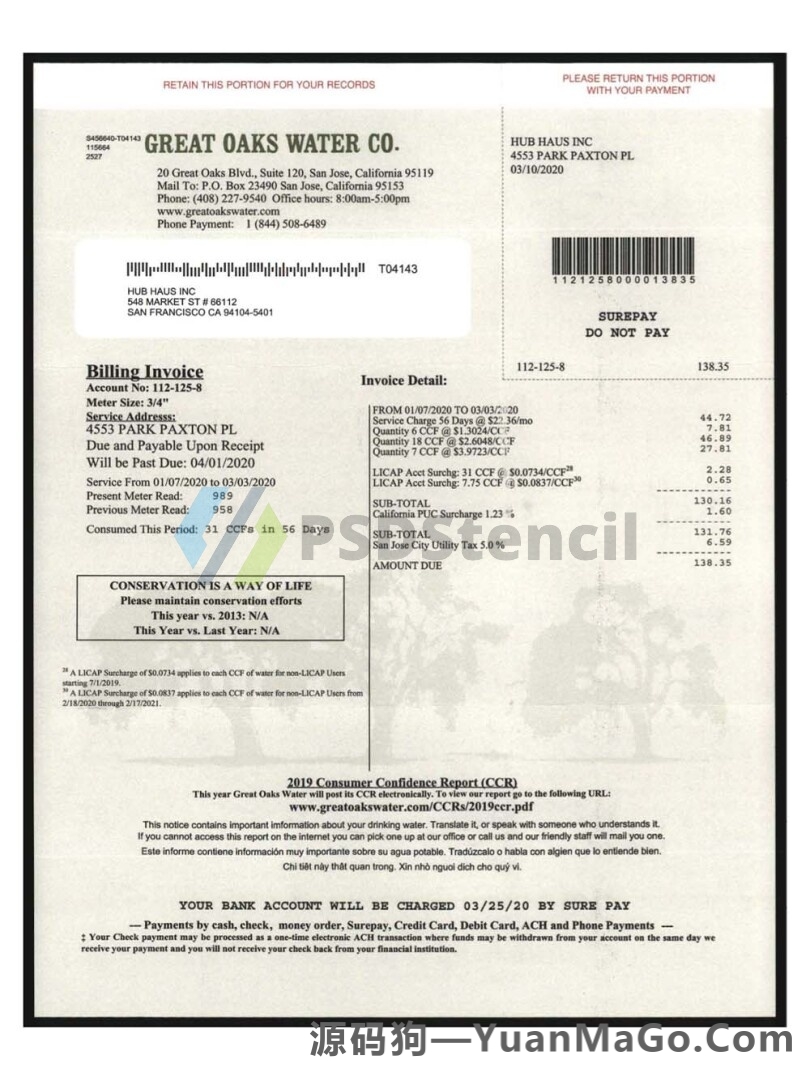 北美|USA California Great Oaks Water Utility Bills美国加州水电费账单pdf模板-源码狗