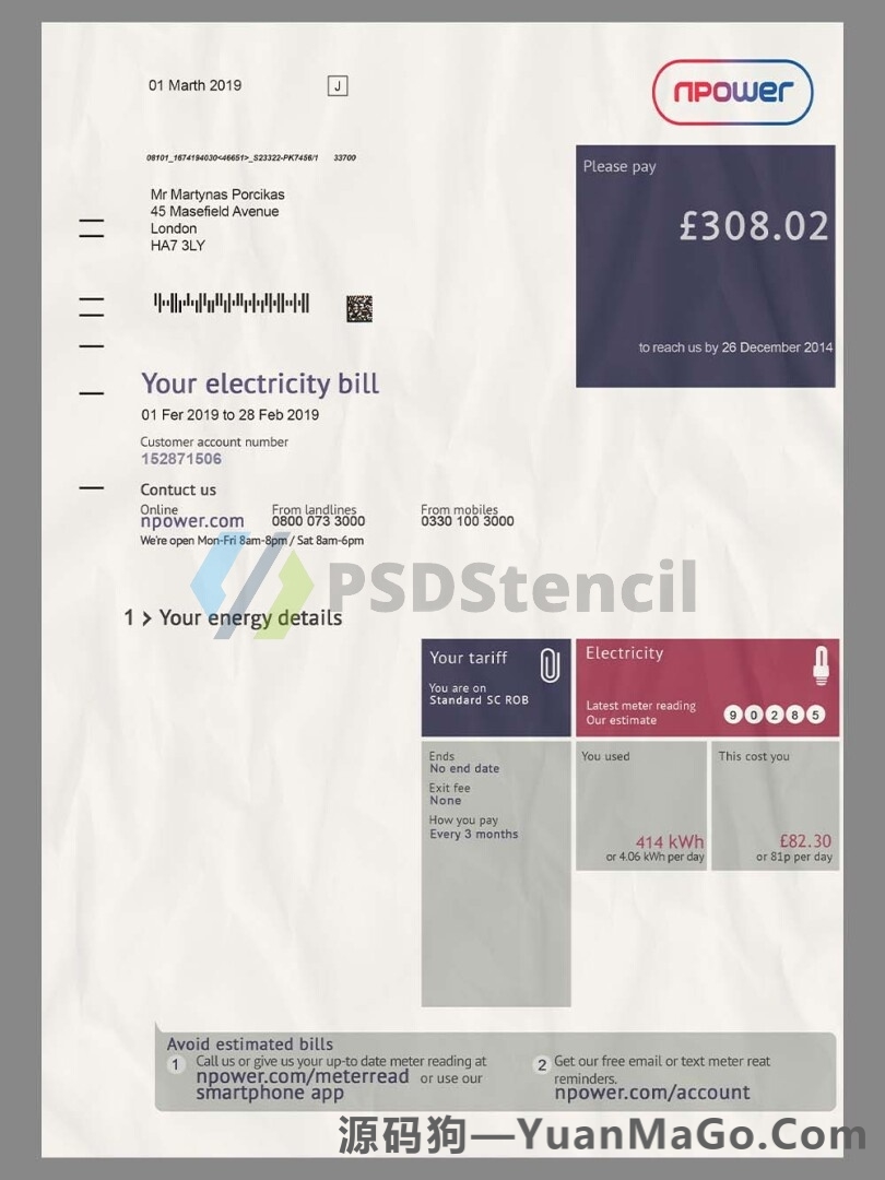 欧洲|UK Npower Energy Utility Bills英国水电费账单PS模版/PSD模板(V2)-源码狗