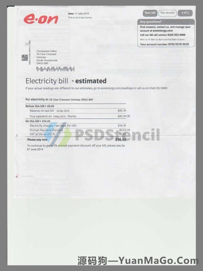 欧洲|英国UK E.On Electricity Utility Bills水电费账单模版/KYC地址证明psd模板-源码狗